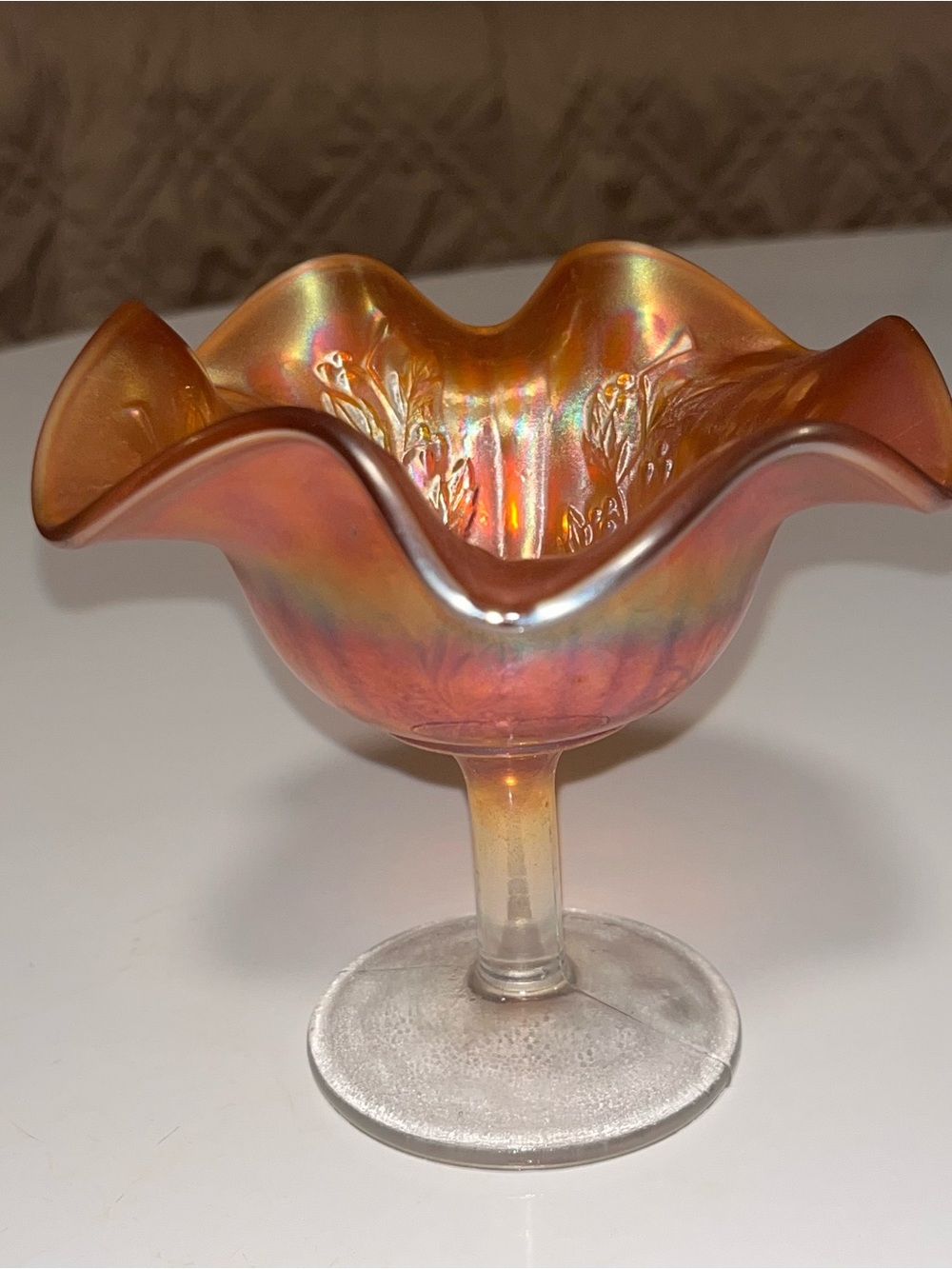 Marigold carnival glass compote